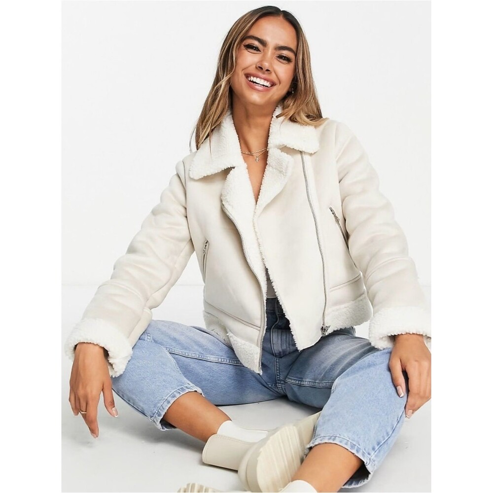 Stradivarius cropped faux leather aviator jacket in ecru NWT